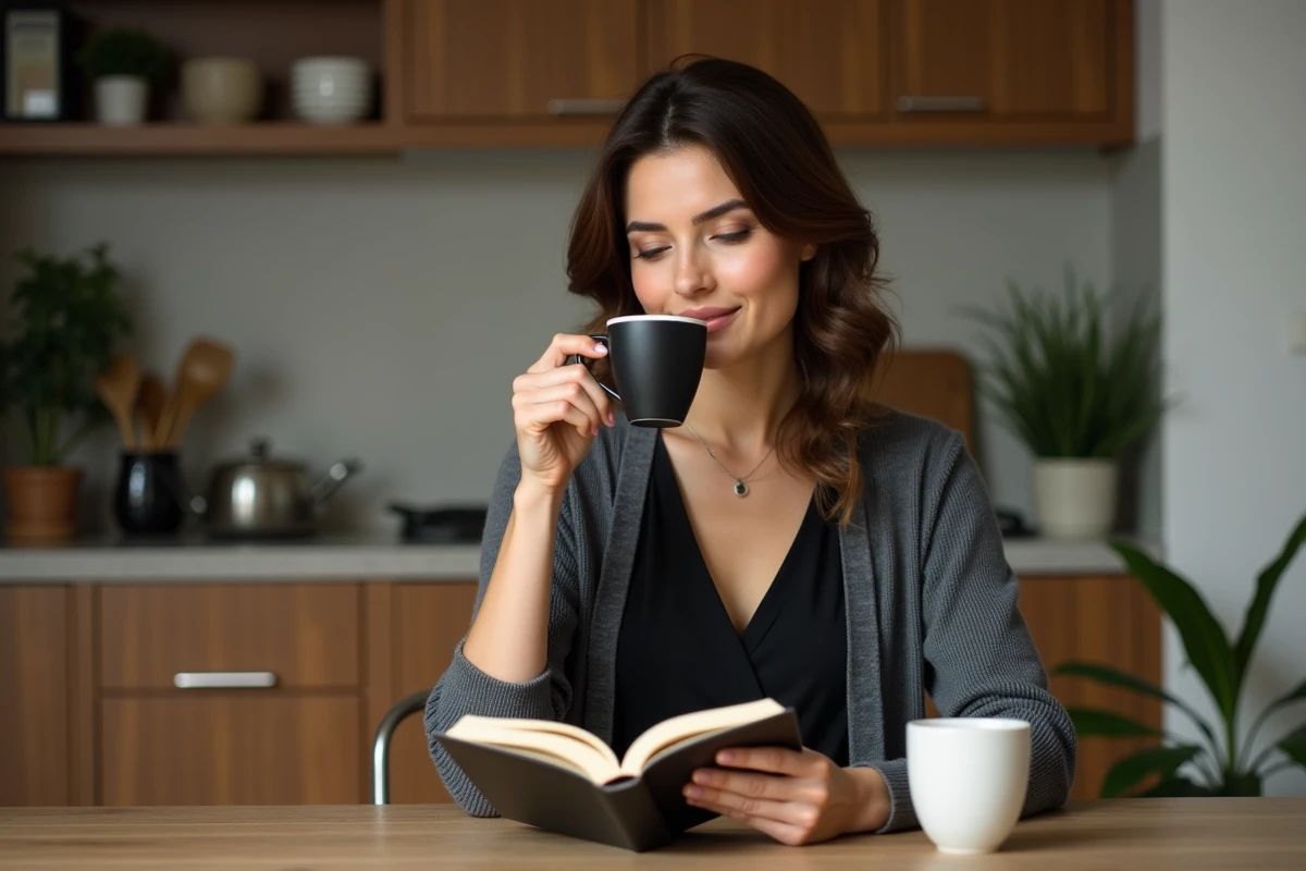 Femme lisant un livre avec café dans une cuisine chaleureuse