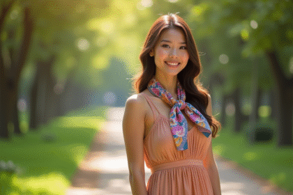 Femme confiante en robe d'été élégante dans un parc ensoleille