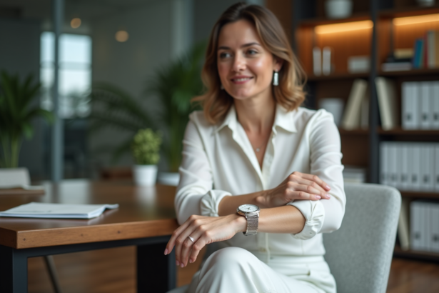 Femme élégante examinant une montre au bureau