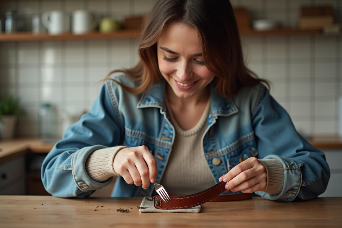 Jeune femme ajustant sa ceinture en cuir dans une cuisine pratique