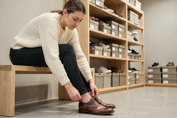 Femme essayant une chaussure en cuir dans une boutique pour vérifier la correspondance entre sa pointure et la largeur de son pied