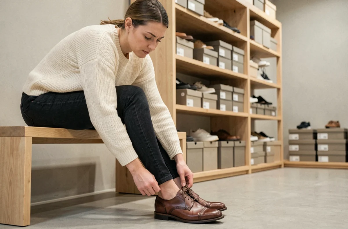 Femme essayant une chaussure en cuir dans une boutique pour vérifier la correspondance entre sa pointure et la largeur de son pied