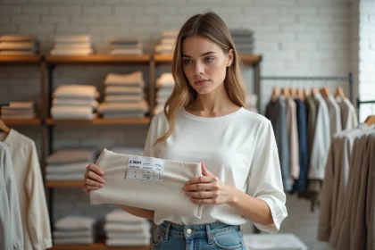 Femme consultant une étiquette de taille sur un vêtement dans une boutique de mode, avec un guide de correspondance des tailles France Europe US UK