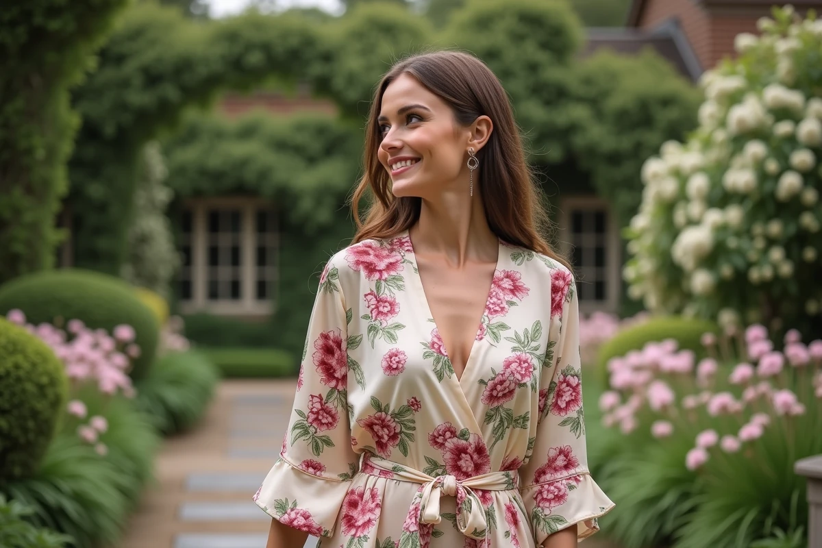 Femme souriante en robe fleurie élégante dans un jardin