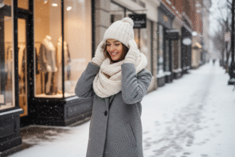 Femme élégante en hiver ajustant son chapeau dans la ville