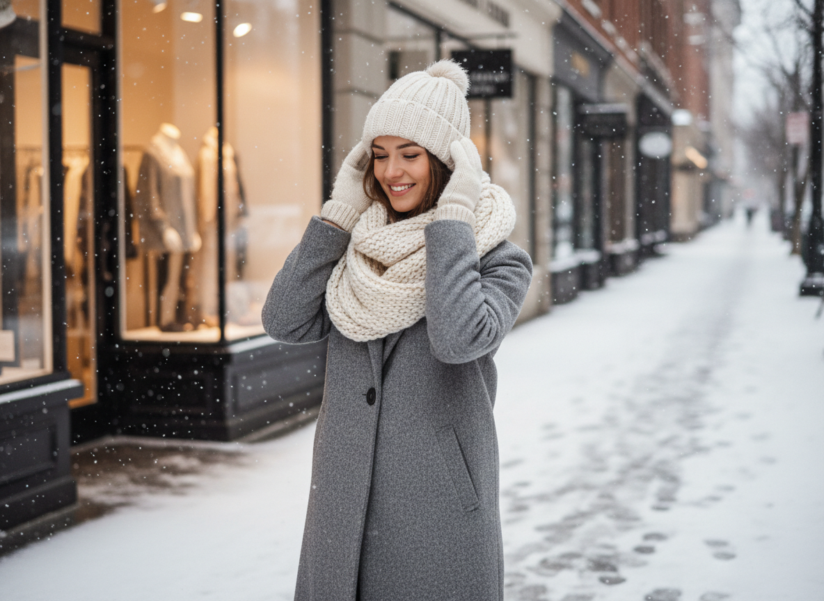 Femme élégante en hiver ajustant son chapeau dans la ville