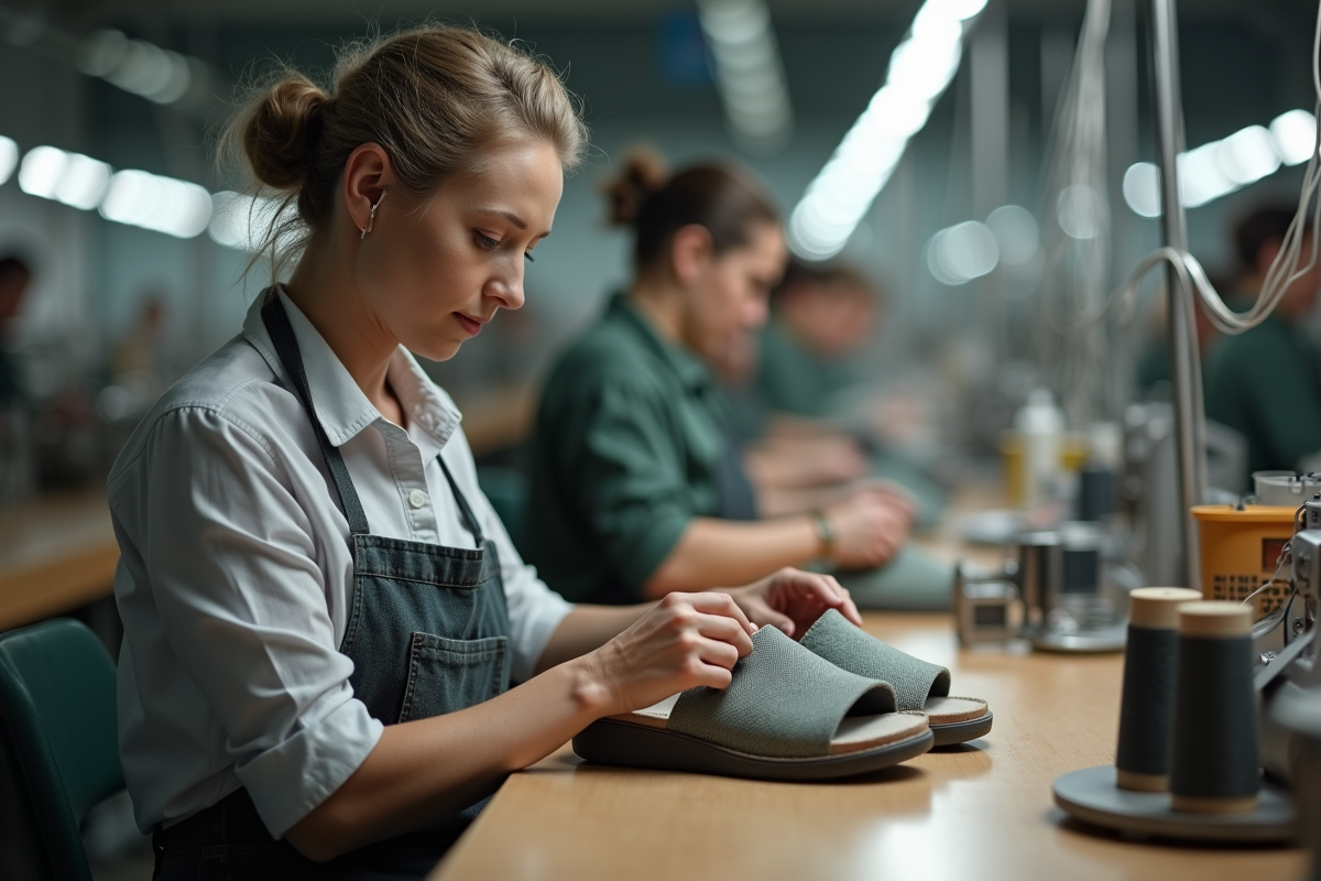 Femme inspectant des sandales orthopediques en atelier
