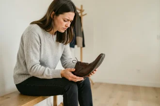 Femme inspectant l'intérieur d'une chaussure en cuir trop serrée dans un couloir d'entrée minimaliste