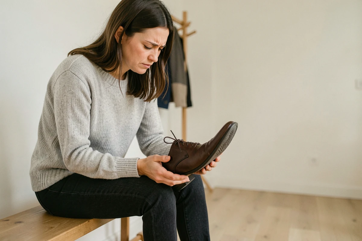 Femme inspectant l'intérieur d'une chaussure en cuir trop serrée dans un couloir d'entrée minimaliste