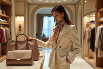 Femme élégante examinant un sac de luxe dans une boutique haut de gamme