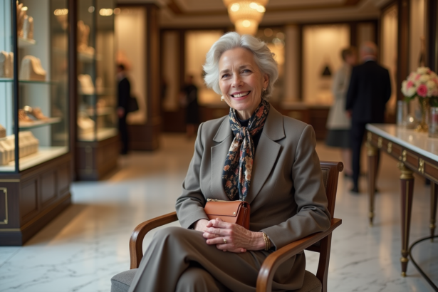 Femme élégante dans une boutique parisienne raffinée