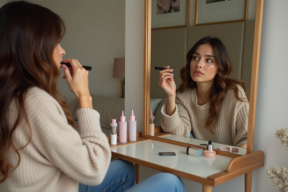 Femme appliquant du lip liner devant un miroir dans une chambre moderne