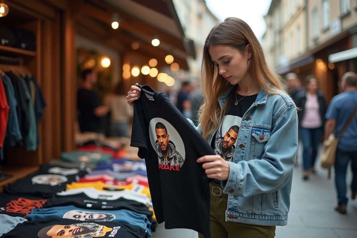 Jeune femme inspectant un t-shirt Drake dans un marché de rue pour identifier s'il s'agit d'un bootleg ou d'un article officiel