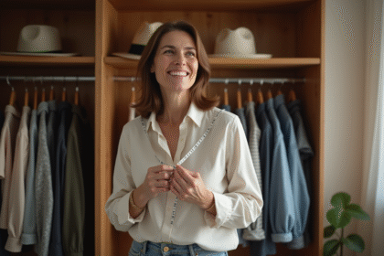 Femme mesurant sa tête avec un ruban dans une chambre chaleureuse