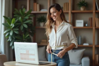 Femme mesurant sa taille avec un ruban dans un intérieur cosy