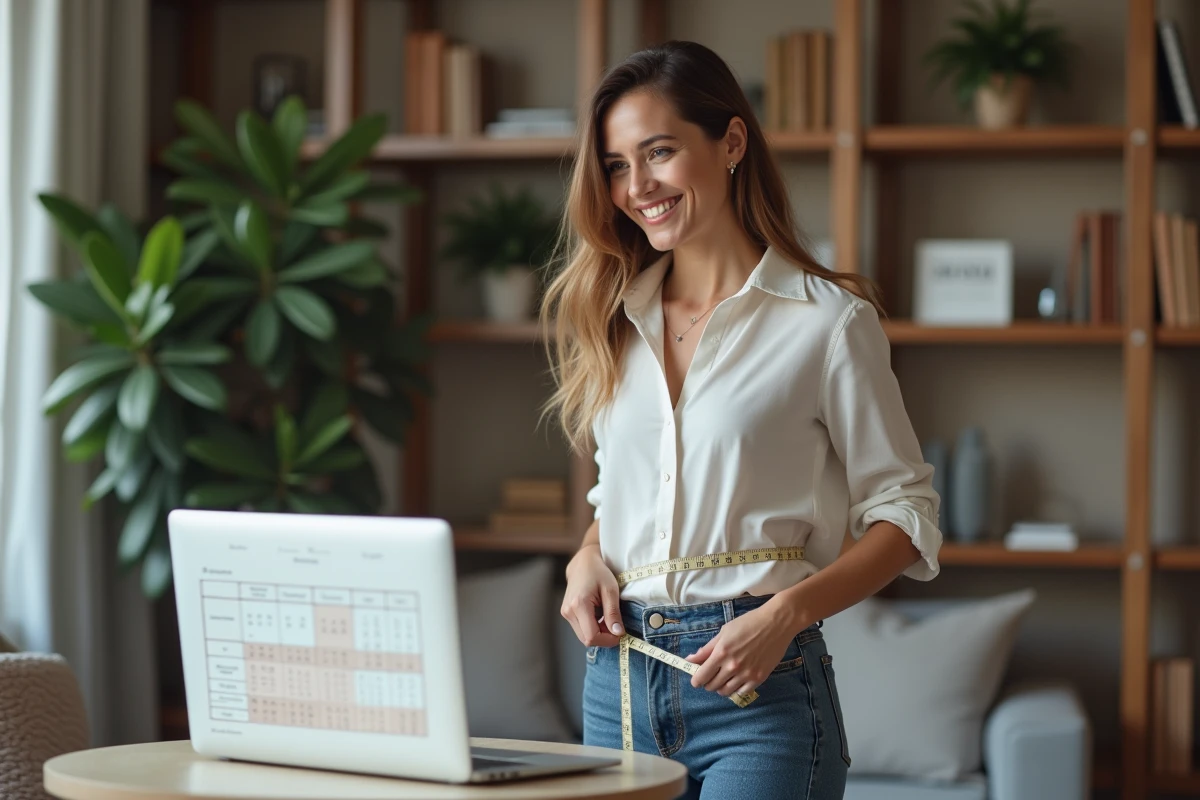 Femme mesurant sa taille avec un ruban dans un intérieur cosy