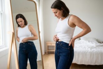 Femme regardant son reflet dans un miroir après une perte de poids importante, tenant ses rondeurs restantes avec un regard introspectif