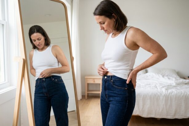 Femme regardant son reflet dans un miroir après une perte de poids importante, tenant ses rondeurs restantes avec un regard introspectif