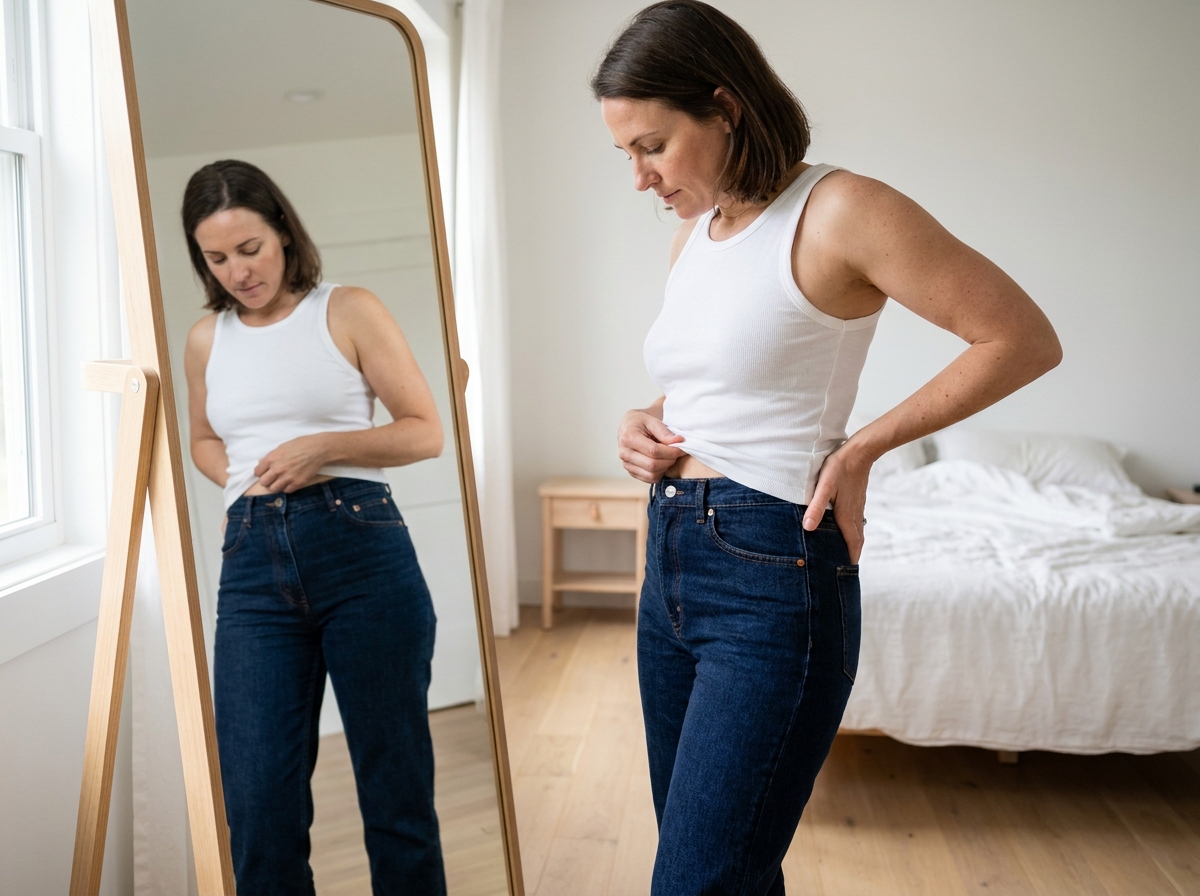 Femme regardant son reflet dans un miroir après une perte de poids importante, tenant ses rondeurs restantes avec un regard introspectif