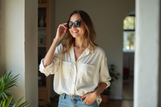 Femme élégante ajustant ses lunettes dans un appartement lumineux