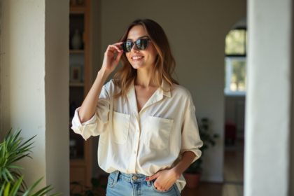 Femme élégante ajustant ses lunettes dans un appartement lumineux