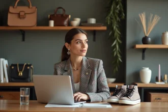 Femme stylée utilisant son ordinateur dans un espace moderne