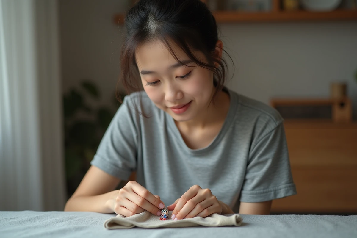Femme entretenant une boucle d'oreille Dragon Ball avec un chiffon doux à la maison
