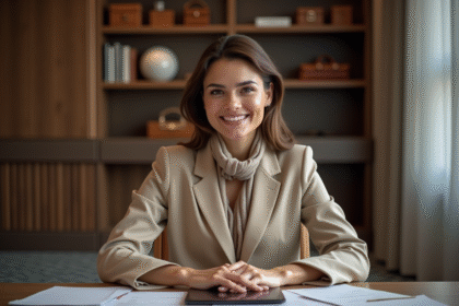Femme en blazer beige dans un bureau moderne souriant