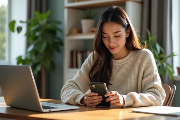 Jeune femme posant son iPhone 15 Pro dans un bureau lumineux