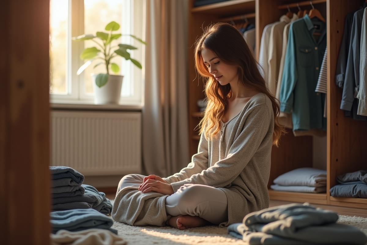 Femme organisant son dressing dans une chambre lumineuse