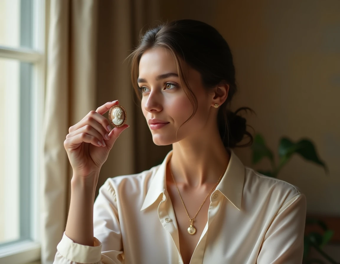 Femme tenant un pendentif camée vintage entre ses doigts avec une expression contemplative