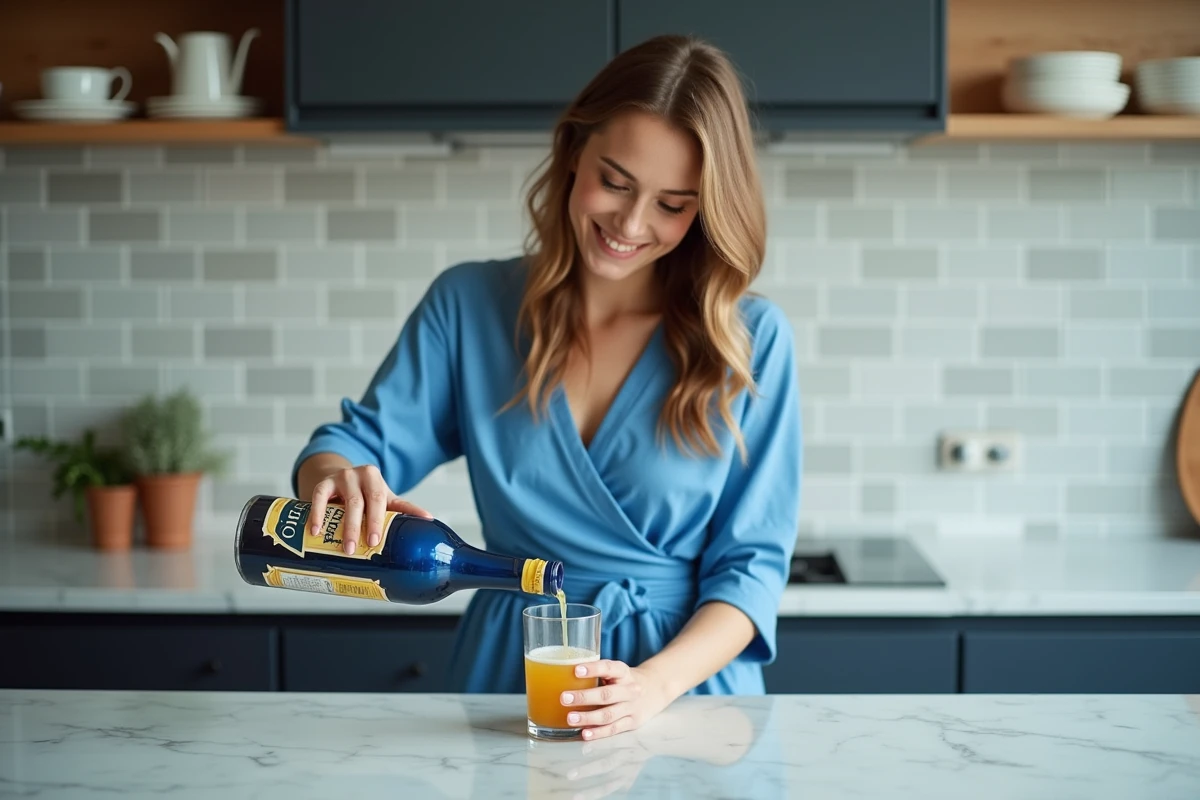 Femme versant pastis dans un verre dans une cuisine moderne