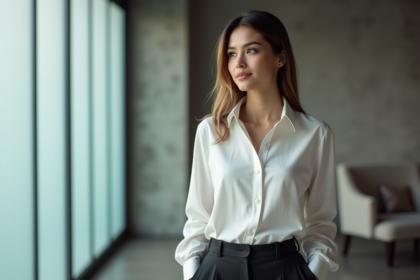 Femme confiante en blouse blanche dans un studio moderne