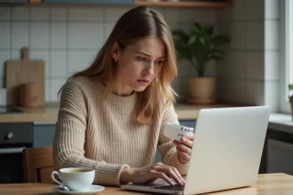 Jeune femme consultée son ordinateur portable avec un bon de livraison ZARA froissé pour une réclamation de colis non livré