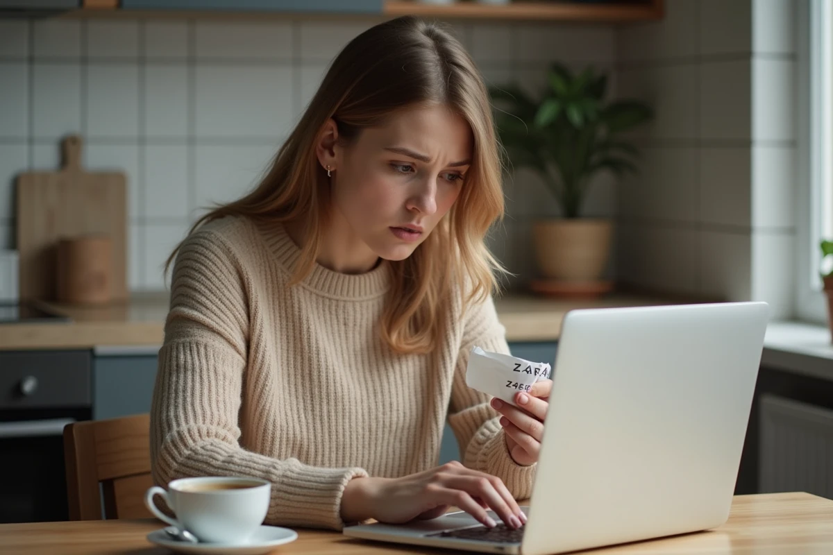 Jeune femme consultée son ordinateur portable avec un bon de livraison ZARA froissé pour une réclamation de colis non livré
