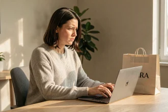Femme rédigeant une réclamation en ligne sur son ordinateur portable avec un sac Zara posé sur le bureau