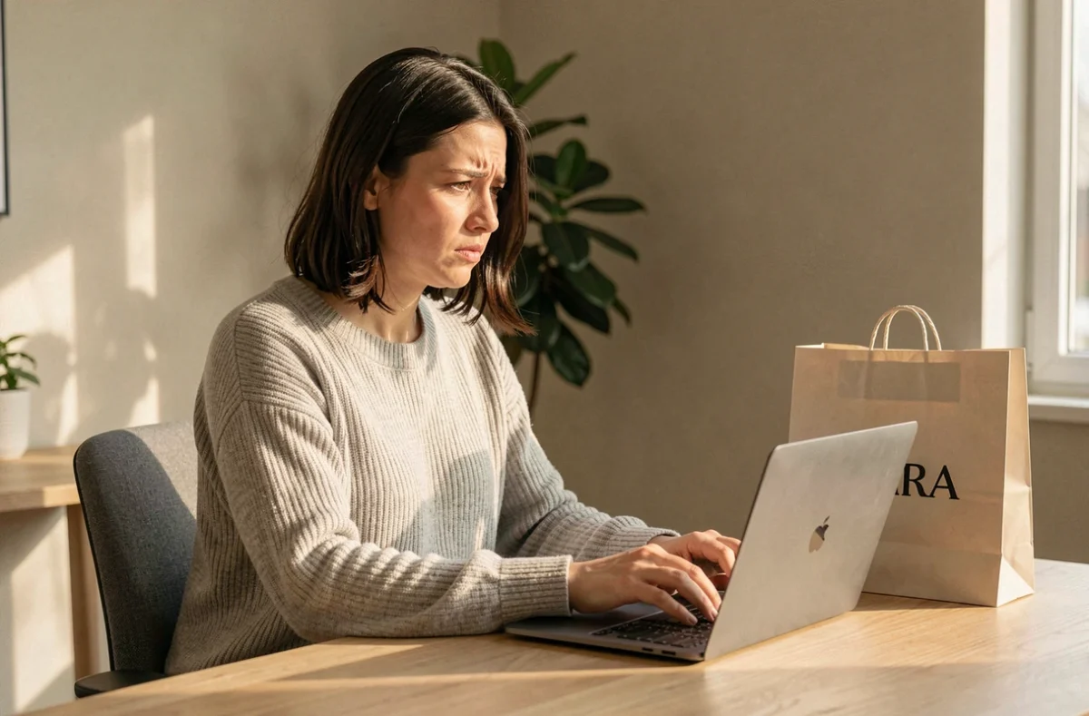 Femme rédigeant une réclamation en ligne sur son ordinateur portable avec un sac Zara posé sur le bureau