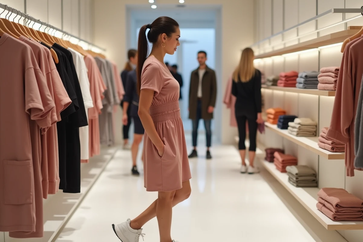 Femme en robe de sport Halara rose dans une boutique athleisure minimaliste, vue 3/4 avec rayons de vêtements en arrière-plan