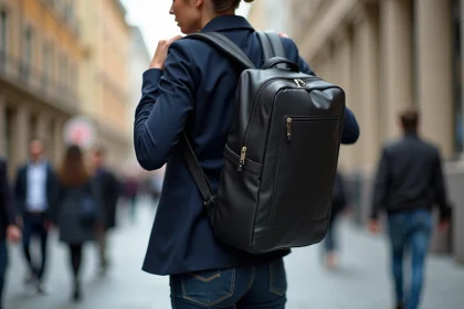 Femme en blazer ajustant son sac à dos ville pour ordinateur portable dans une rue urbaine