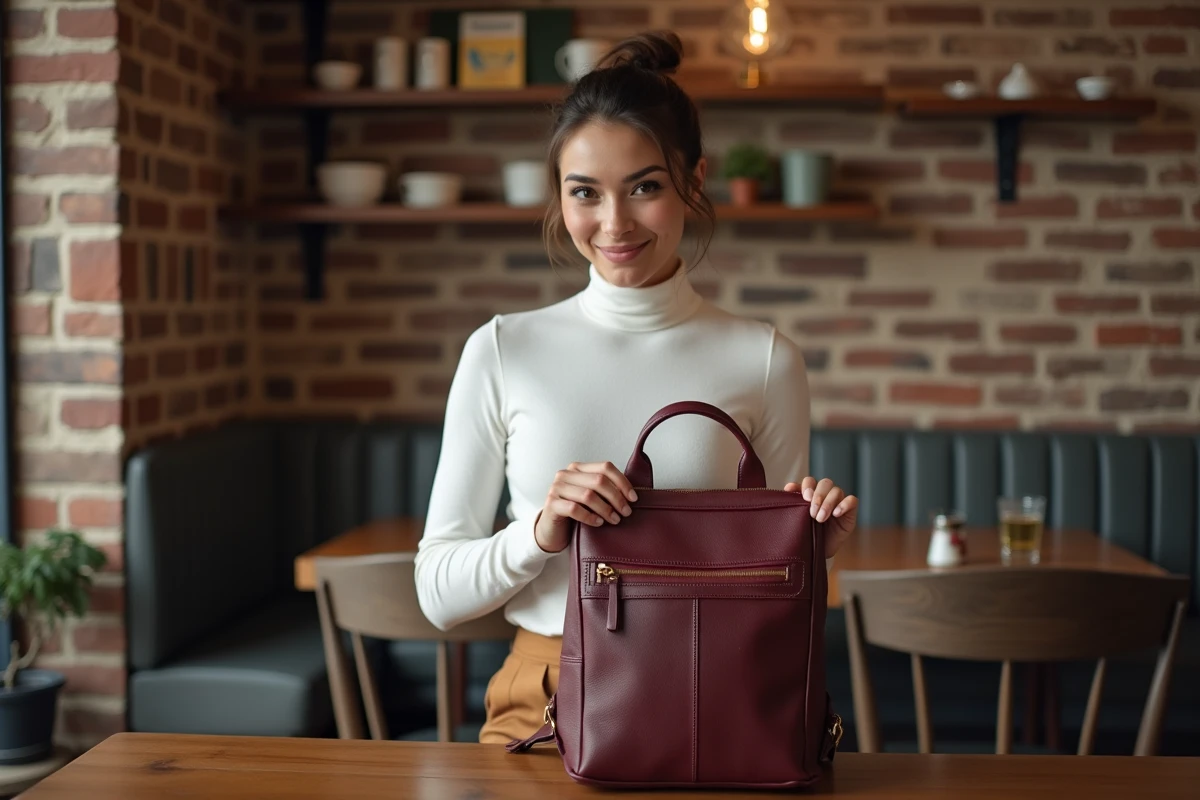 Femme ouvrant son sac à dos en cuir pour ordinateur portable dans un café urbain