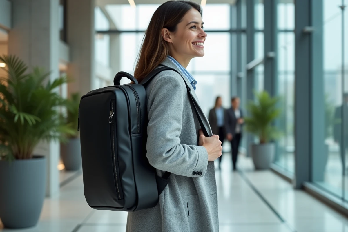 Femme portant un sac à dos technique pour ordinateur portable dans le hall d'un immeuble de bureaux moderne