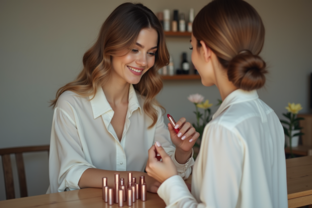 Femme élégante choisissant un rouge à lèvres naturel