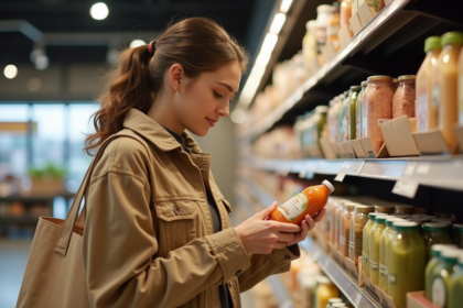 Femme jeune achetant bio dans un supermarche eco