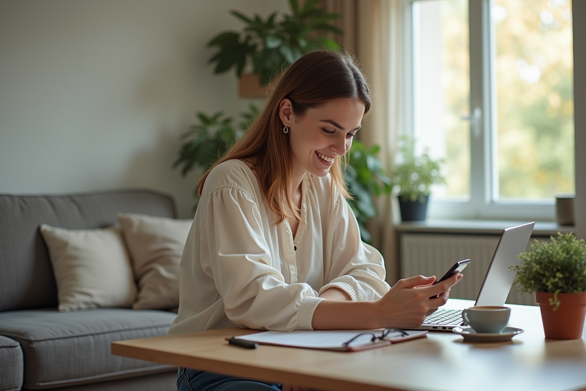 Femme assise avec blouse tendance et smartphone dans un salon lumineux