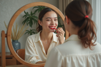 Femme souriante appliquant rouge à lèvres rouge en intérieur
