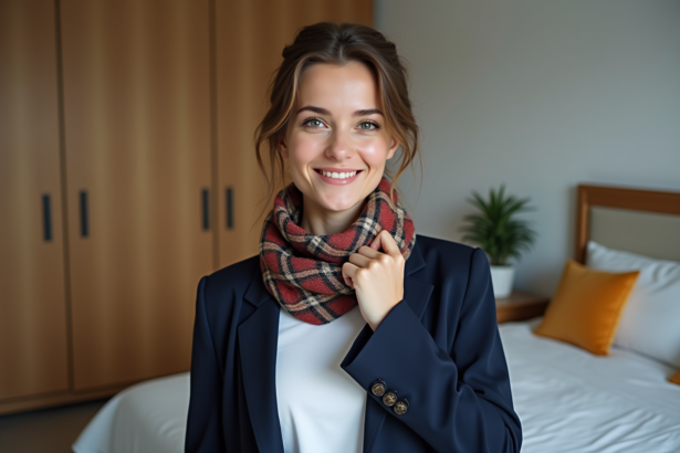 Jeune femme en blazer et echarpe colorée dans une chambre