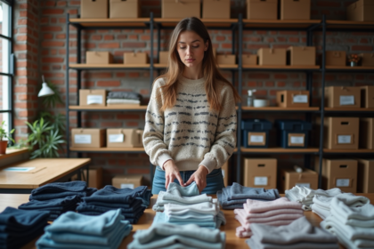 Femme triant des vêtements d'occasion dans un espace organisé