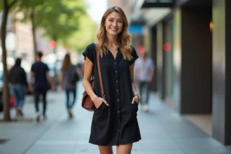 Femme élégante en robe noire dans la ville animée