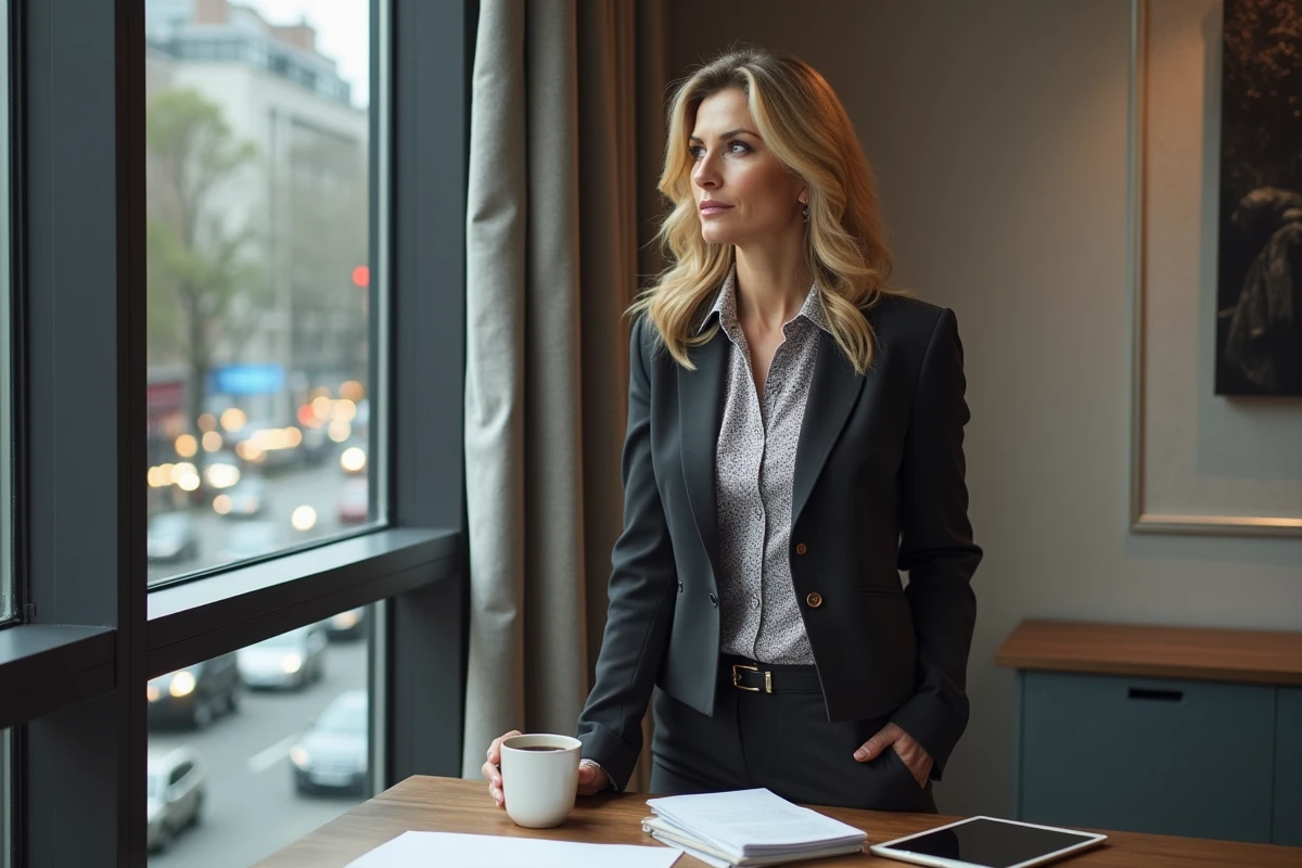 Femme élégante regardant par une grande fenêtre en ville