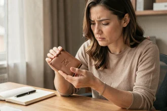 Femme inspectant un portefeuille en cuir personnalisé avec initiales gravées avant de valider une commande